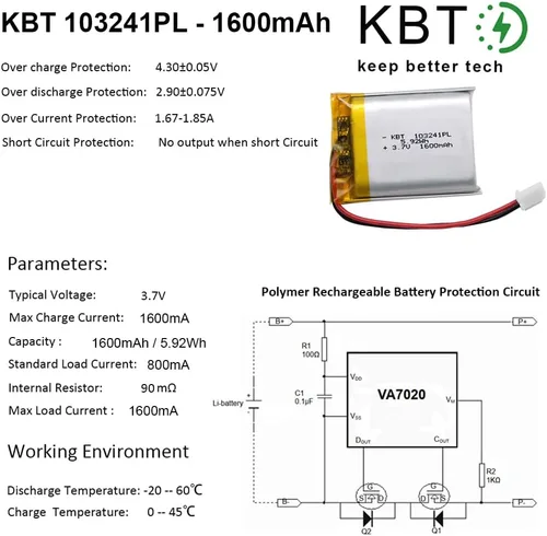 Miniatura 6 de KBT 3.7V 1600mAh Batería de polímero de litio: 103241 Baterías recargables de Li-ion de reemplazo con conector JST de 2.54 para faro frontal