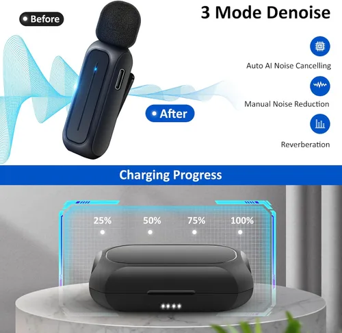 Miniatura 2 de Ecomxia 2 Piezas Micrófono de Solapa Inalámbrico para iPhone iPad Android con Estuche de Carga 7H Micrófono de Clip de Solapa Inalámbrico