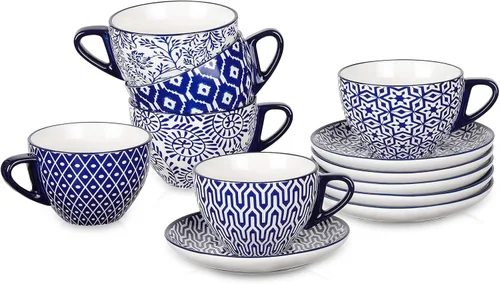 Selamica Juego de 6 tazas de capuchino de cerámica de 8 onzas con platillos, tazas de café espresso, Latte Macchiato para fiesta, café, hogar, juego