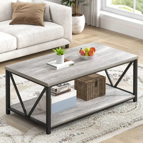 Miniatura 12 de FOLUBAN Mesa de centro con almacenamiento, mesas centrales pequeñas modernas para espacios pequeños, mesa de cóctel de madera rústica y metal