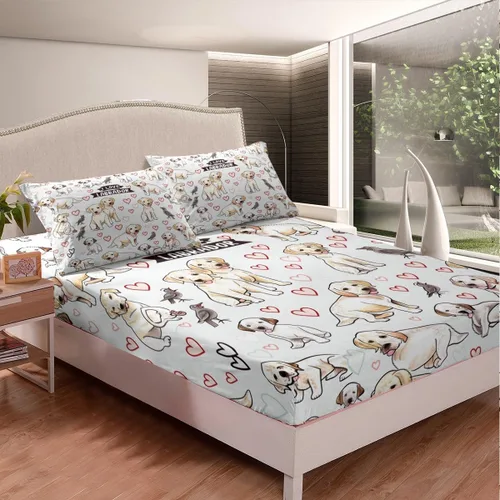 Labrador - Sábana bajera ajustable de dibujos animados de cachorros Kawaii para niños, niños y niñas, juego de ropa de cama para perros y mascotas,