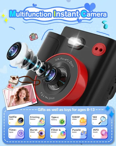 Miniatura 2 de Cámara de impresión instantánea para niños, cámara digital negra clásica para niños de 3 a 12 años, 1080P HD con tarjeta SD de 32 GB, modo selfie