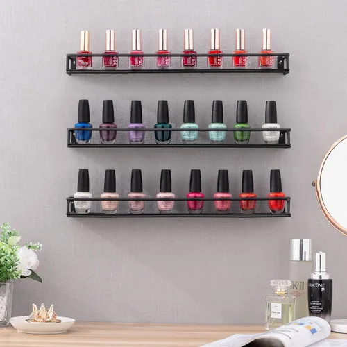 Miniatura 2 de MyGift Juego de 3 estantes de exhibición de esmalte de uñas de metal negro y aceites esenciales, estante para tarros de especias de cocina