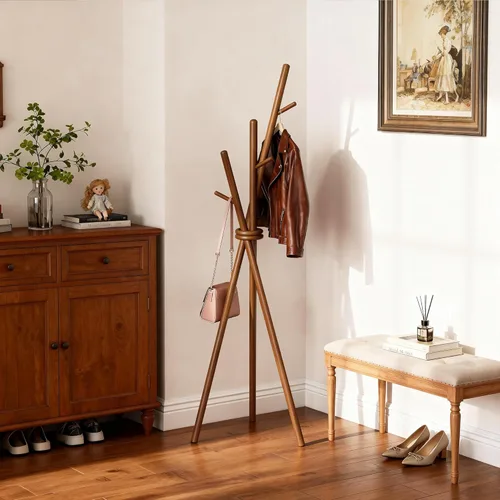 Miniatura 6 de VICITON Perchero de madera, trípode independiente con 3 ganchos para ropa, sombreros y bolsos, perchero para dormitorio, sala de estar, entrada