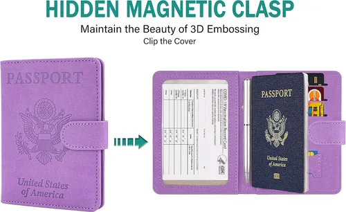 Miniatura 5 de Cartera de pasaporte mejorada y tarjetero de vacuna, multiusos, bloqueo RFID, cartera de cuero para pasaporte, soporte para tarjetas de vacuna CDC