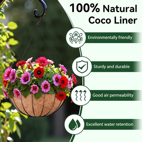 Miniatura 4 de ZeeDix Paquete de 3 forros de coco de 12 pulgadas para maceteros, revestimientos redondos para cestas colgantes 100% naturales, cesta de coco