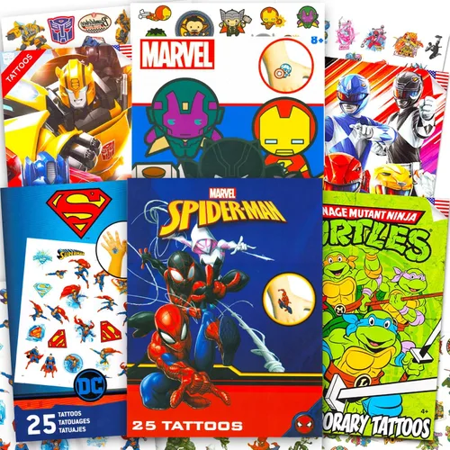 Superhero Tattoos Ultimate Set – Paquete de 150 tatuajes temporales de superhéroes | Marvel Avengers Superman "TMNT" Transformers Power Rangers