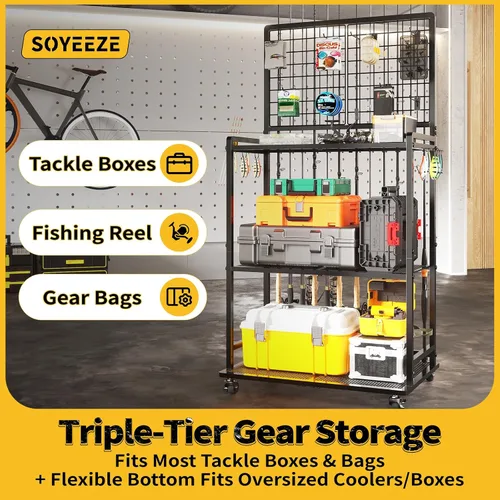 Miniatura 6 de SOYEEZE Soportes para cañas de pescar de gran tamaño para garaje, estante para cañas de pescar de servicio pesado de 3 niveles con tablero perforado