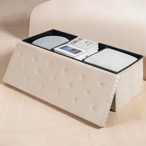Miniatura 2 de PINPLUS Banco Otomán de Almacenamiento Plegable, Taburete Reposapiés Plegable de Terciopelo Acolchado con Remache, Banco para Pie de Cama, Baúl