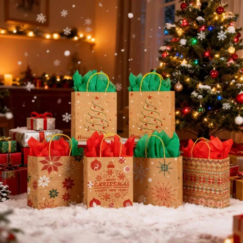 Miniatura 3 de 24 bolsas de regalo de papel kraft de Navidad con 24 papeles de seda, bolsas de dulces navideños de 7 x 8.6 x 3 pulgadas con asas, bolsas de dulces