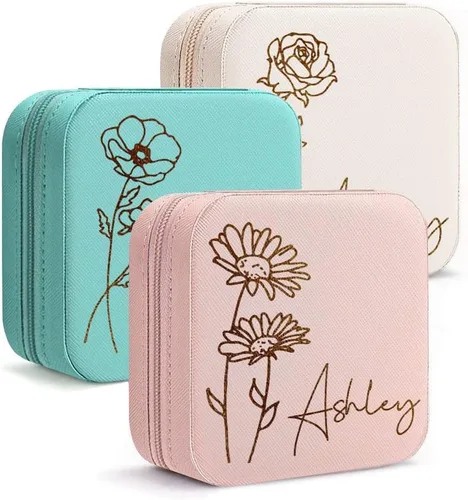 DayOfShe Joyero de viaje personalizado con nombre y flor de nacimiento, regalos personalizados de dama de honor para mujeres, estuche de joyería de
