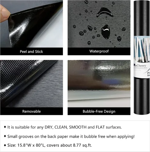 Miniatura 7 de LACHEERY Papel de Contacto de Acero Inoxidable Negro para Electrodomésticos Refrigerador Papel Tapiz Metálico Moderno Despegar y Pegar