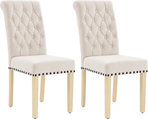 adochr Juego de 2 sillas de comedor de tela de lino, silla de comedor tapizada con patas de madera, sillas Parsons sin brazos para Beige