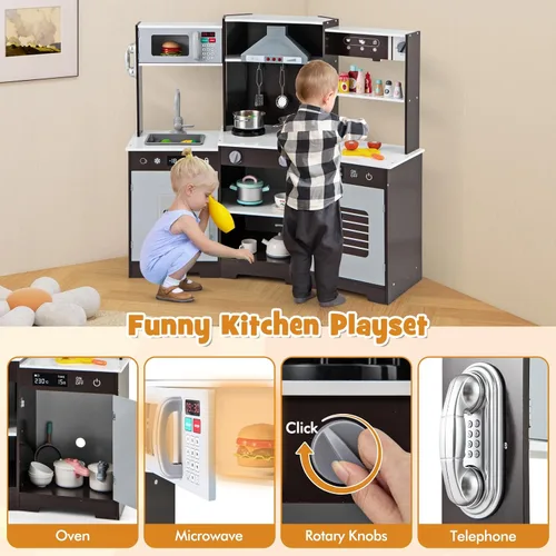 Miniatura 5 de HONEY JOY Juego de cocina esquinera para niños, juego de cocina de juguete de madera con luces y sonidos, campana extractora, máquina de hielo