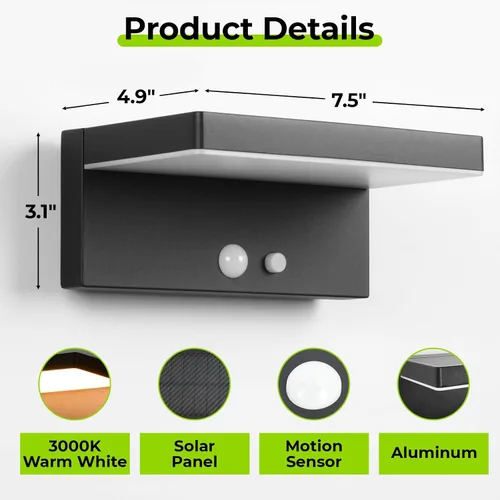 Miniatura 4 de Luces Solares con Sensor de Movimiento para Exteriores, 2 Unidades - 600 Lúmenes, 3 Modos, IP44, Impermeables, Luz de Pared Solar de Aluminio