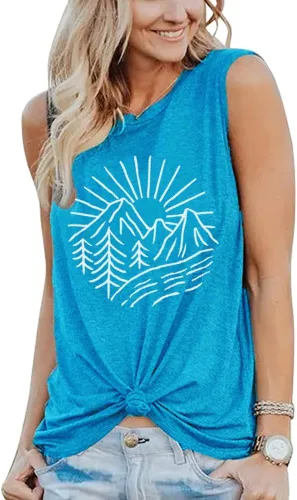 Miniatura 95 de Camisetas sin mangas de senderismo y montaña para mujer, divertidas camisetas de entrenamiento con gráficos de pino y amanecer, camisetas de verano