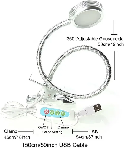 Miniatura 2 de QUANS Lámpara de escritorio LED de cuello de cisne con abrazadera regulable, 3 luces de lectura intercambiables de color, luz nocturna