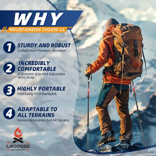 Miniatura 2 de Bastones de trekking ligeros y plegables para senderismo – Paquete de 2 bastones de senderismo ajustables, bastones de aluminio para esquí, caminata
