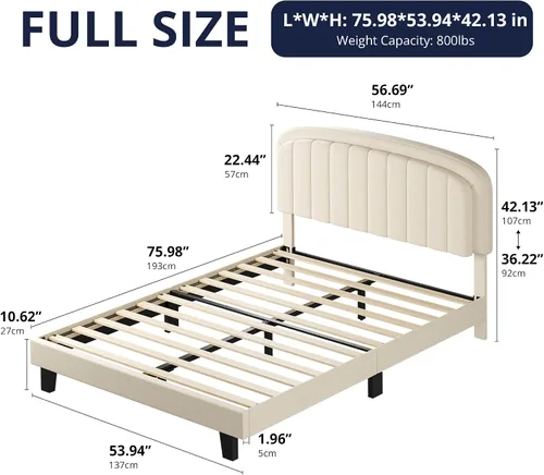 Miniatura 2 de Cozy Castle Base de cama tamaño Full, plataforma tapizada con cabecera curvada ajustable de terciopelo, base de colchón con listones de madera Crema
