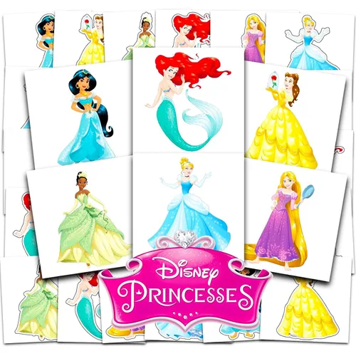 Paquete de Recuerdos de Fiesta de Tatuajes de Princesas Disney ~ 72 Tatuajes Temporales de Princesas Perforados Individuales de 2" x 2" para Niños y
