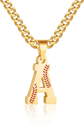 Miniatura 63 de Avotto Collar de béisbol con letra inicial de la A a la Z para niños y hombres, cadena cubana de acero inoxidable resistente que no se decolora