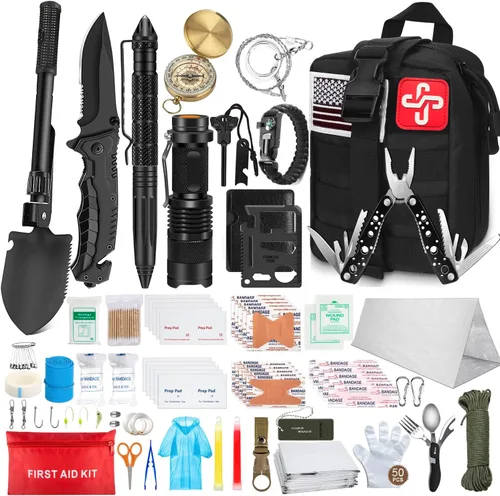 Miniatura 9 de Kit de supervivencia de emergencia de 238 piezas y kit de primeros auxilios, herramienta de equipo de supervivencia profesional con bolsa táctica