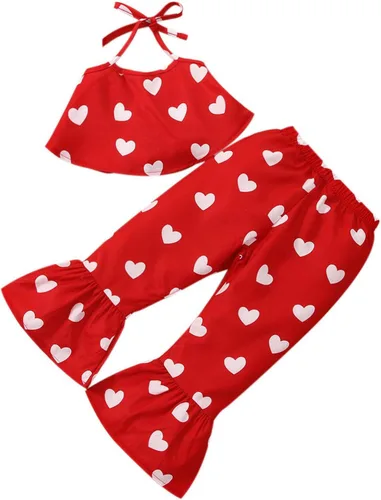 TBUIALL Toddler Girls Valentine's Day Sleeveless Vest Tops Hearts Printed Bell Bottoms Pants Kids Outfits Swaddling Set