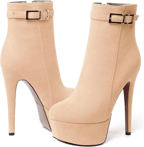 Miniatura 6 de SKYSTERRY Botas altas de tacón alto de gamuza con cremallera y puntera redonda para mujer, 6 pulgadas