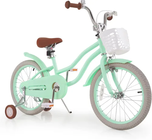 Miniatura 25 de COSTWAY Bicicleta para niños de 12, 14, 16, 18 pulgadas, bicicleta para niños con ruedas de entrenamiento, frenos de mano y posavasos, sillín
