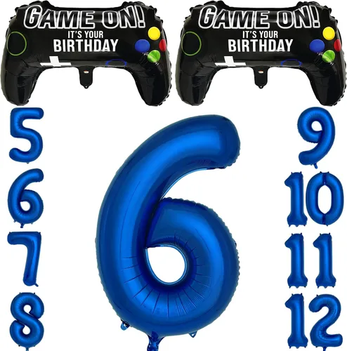 Miniatura 7 de Suministros de fiesta de videojuegos azul marino para decoración de fiesta de 5º cumpleaños para niños, 2 paquetes de globos de juego con globo azul