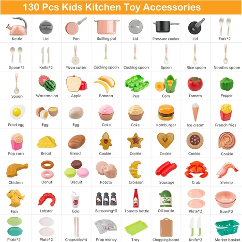 Miniatura 2 de Funpynani - Juego de cocina de 130 piezas para niños pequeños, juego de ollas y sartenes de juguete, utensilios de cocina, alimentos diarios, Rosa
