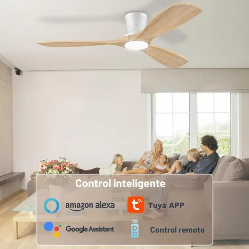 Miniatura 2 de Hoenofly - Ventilador de techo inteligente de 52" de madera con montaje empotrado, luces y control remoto, motor CC silencioso, ventilador de techo