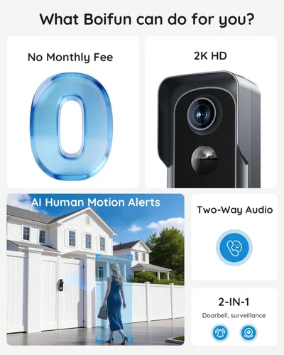 Miniatura 2 de BOIFUN Cámara de timbre de video inalámbrica: no requiere suscripción, 2K HD, visión amplia de 166°, visión nocturna HDR, alertas de movimiento