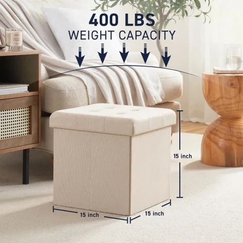 Miniatura 3 de Ornavo Home Otomana plegable de almacenamiento de 15 pulgadas, taburete cuadrado pequeño de almacenamiento, banco de dormitorio, color beige