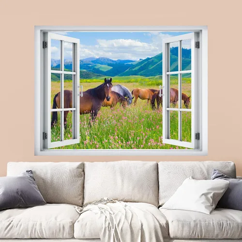 wall26 Adhesivo removible de pared/mural de pared, vista de ventana, rústico, campo, semental, caballos, animales, naturaleza, fotografía, realismo,