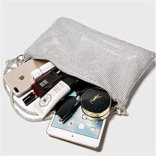 Miniatura 3 de Bolso de mano de noche con diamantes de imitación para mujer, bolso de mano plateado brillante con purpurina para boda, baile de graduación y fiesta