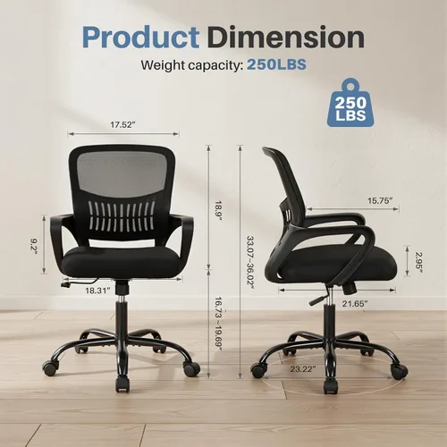 Miniatura 3 de DUMOS Silla de computadora de oficina en casa, escritorio ergonómico de respaldo medio con soporte lumbar y modo mecedor, altura ajustable con Brazo