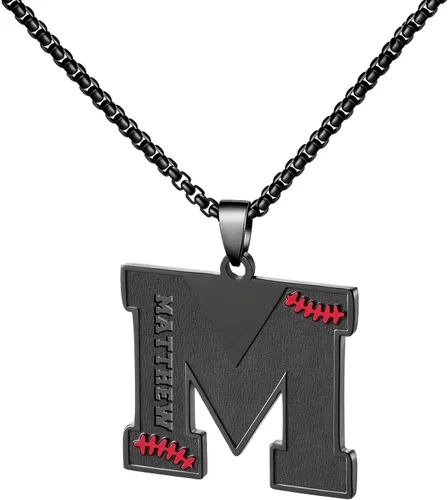 Miniatura 52 de Ldurian Collar personalizado con nombre de béisbol, cadena negra de acero inoxidable, collar con nombre deportivo, letra A-Z de 24 pulgadas, regalos