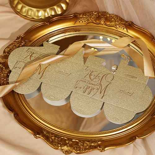 Miniatura 3 de STARSUP - 50 cajas de regalo de boda, caja de regalo de dulces dorados, caja de papel con cinta y pin de perlas para decoración de boda, regalo