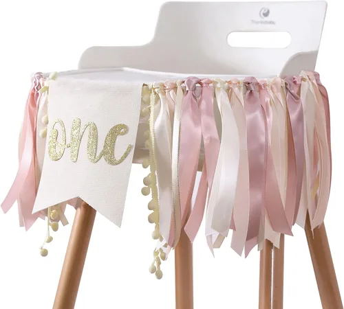 Miniatura 9 de Cartel de oro rosa para silla de bebé, decoración de fiesta de cumpleaños rosa, pancarta dorada para silla de alta para niña de primer cumpleaños