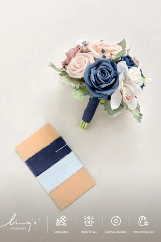 Miniatura 5 de Ling's moment Ramos de flores artificiales de rosas y azules polvorientas para damas de honor, ramo floral azul marino, ramos de dama de honor