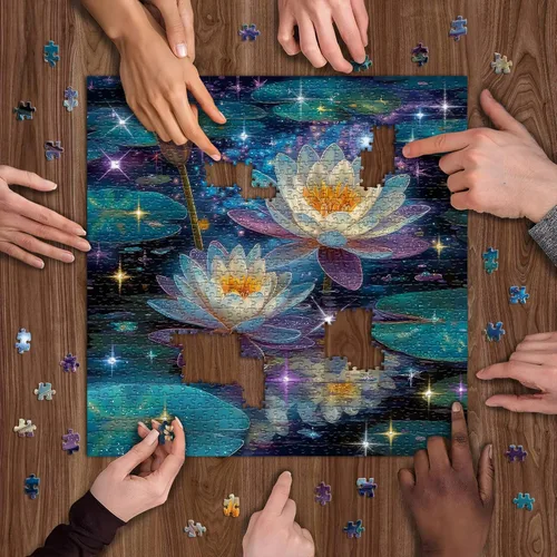 Miniatura 6 de Rompecabezas de flores de loto de ensueño para adultos, 1000 piezas, rompecabezas artístico de lirio de agua de fantasía con estrellas brillantes