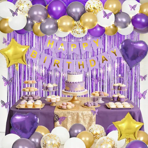 Decoraciones de cumpleaños moradas para mujer con pancarta de feliz cumpleaños, cortinas, mariposa, globos de estrella de corazón y luz LED para