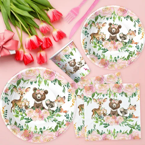 Miniatura 4 de APOWBLS Decoración de baby shower de bosque para niña, vajilla para niña, suministros de fiesta de cumpleaños con temática de animales del bosque