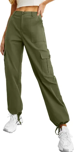 Miniatura 6 de Lepunuo Pantalones cargo de cintura alta para mujer, pantalones de viaje Y2K Streetwear holgados elásticos con 6 bolsillos con cordón en los tobillos