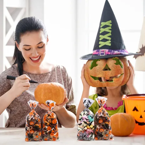 Miniatura 5 de LOKIPA Bolsas de celofán para dulces de Halloween, 150 piezas, bolsas de regalo con lazos giratorios para suministros de fiesta (3 estilos)