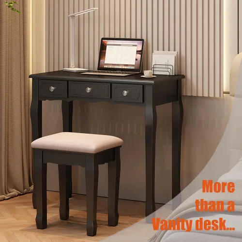 Miniatura 7 de BLEXA Juego de mesa de maquillaje de escritorio y taburete, tocador con luces y espejo con 5 cajones, 3 ajustes de luz de brillo ajustable