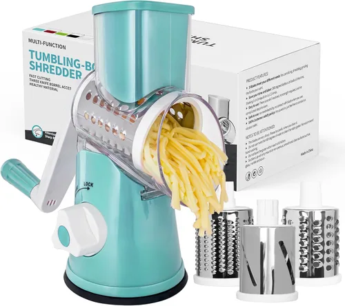 Miniatura 11 de X Home Rallador de queso giratorio para cocina, triturador con 3 cuchillas intercambiables, rallador giratorio con mango y base de succión fuerte