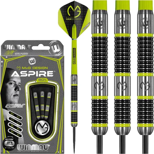 WINMAU Michael Van Gerwen MvG Aspire - Juego de dardos con punta de acero de tungsteno con vuelos de prisma y ejes de nailon (tallos)