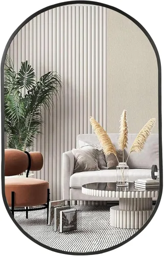 Espejo ovalado negro, espejo de baño ovalado de 17 x 30 pulgadas, espejo de tocador con marco de metal cepillado, espejos de montaje en pared para